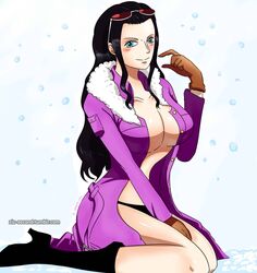 black_hair blue_eyes cleavage commission cute female female_only nico_robin nude one_piece panties pinup purple samanta95 smile winter ziz_second