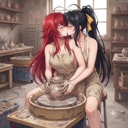 2girls ai_generated akeno_himejima apron big_ass big_breasts blush clay closed_eyes curvy_female female_only girlfriends girls_love high_school_dxd kissing lesbian lesbian_couple lesbian_kiss lesbian_lovers lesbians naked_apron potters_wheel pottery rias_gremory rias_x_akeno sitting thick_thighs voluptuous_female wide_hips wife_and_wife yuri