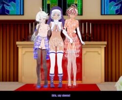 3girls after_fellatio breasts breath_cloud bukkake casual_nudity change_in_common_sense condom condom_accessories cucked_lesbian cum_on_face cum_on_hair cum_on_tongue exhibitionism functionally_nude gloves gundam gundam_suisei_no_majo holding_hands miorine_rembran no_panties pussy questionable_consent randomfella0 secelia_dote speaking stockings suletta_mercury text thighhighs white_male