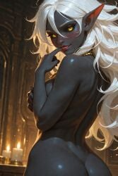 1girls ai_generated black_skin cadence dark_elf elf elf_girl female long_hair original_character pointy_ears scorpianpp self_upload stable_diffusion white_hair yellow_eyes