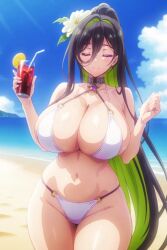 1girls ai_generated beach bikini black_hair breasts female female_only goddess_of_victory:_nikke green_hair guilty_(nikke) guilty_(wave_of_disbelief)_(nikke) hair_between_eyes huge_breasts large_breasts long_hair pale_skin pale_skinned_female ponytail smile thick_thighs thighs two-tone_hair voluptuous voluptuous_female white_bikini