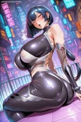 1girl ai_generated ass bangs bare_shoulders blue_hair blush bodysuit breasts building city cityscape covered_nipples detached_sleeves hi_res high_quality high_resolution huge_breasts long_hair looking_at_viewer patreon ryuuzen_tomoko savvyraexo seductive sexy shiny sitting skyscraper solo thighs uncensored watermark
