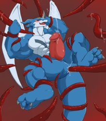 big_muscles big_penis blush bound cum digimon dragon erection exveemon horn humanoid_penis male male_only membranous_wings metaball muscular muscular_male pecs penis simple_background solo tentacle tongue wings