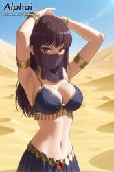 1girl 2025 2026 4k absurd_res absurdres adornments ai ai-created ai-generated ai_art ai_assisted ai_created ai_generated alphai anime arabian_clothes armlet armpits arms_behind_head arms_up bare_shoulders blue_sky blushing bracelet breasts brown_hair cinematic_lighting cleavage close-up clothing colorful_background cowboy_shot dancer depth_of_field desert detailed_hair detailed_skin detailled_background dramatic_shadows eyelashes eyeliner female_face female_focus female_only harem_outfit high_quality high_resolution highres jewelry large_breasts long_hair looking_at_viewer midriff mouth_veil naughty_face navel outdoors particles patreon patreon_link patreon_url patreon_username please_don't_bully_me,_nagatoro raised_eyebrows red_eyes sana_sunomiya sand seductive seductive_eyes sexy skirt sky smile solo stomach veil volumetric_lighting watermark
