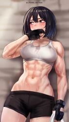 abs alfarejected asian asian_female attack_on_titan black_hair blurry_background bob_cut fit fit_female gloves hi_res mikasa_ackerman muscular_female navel shingeki_no_kyojin shorts sports_bra sweating sweaty tomboy
