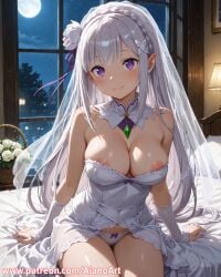 1girl ai_generated aianoart areola_slip bangs bare_shoulders bed bed_sheet bedroom blunt_bangs blush bow bow_panties braid breasts bridal_veil bride cleavage closed_mouth crown_braid detached_collar dress elf emilia_(re:zero) flower full_moon gem hair_flower hair_ornament hair_ribbon indoors lamp large_breasts long_hair looking_at_viewer moon night night_sky nipple_slip nipples on_bed panties pointy_ears purple_eyes purple_ribbon re:zero_kara_hajimeru_isekai_seikatsu ribbon rose sidelocks sitting sky smile solo strapless strapless_dress sweat thighs underwear veil very_long_hair wedding_dress white_dress white_flower white_hair white_panties white_rose window x_hair_ornament
