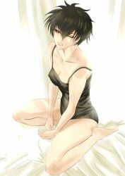black_hair cleavage female female_only full_body genderswap_(mtf) gintama hijikata_toshiro kiararo67935124 looking_at_viewer no_bra one_eye_closed rule_63 short_hair sitting small_breasts solo tank_top very_short_hair wariza