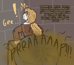 1girls 2d alley annoyed annoyed_expression ass_focus ass_out big_ass big_breasts blonde_hair brown_eyes clothed clothed_female crate cross_eyed dialogue dress drool drooling english_text eyes_rolling_back facing_away fart fart_cloud fart_fetish farting fear_and_hunger fear_and_hunger:_termina female female_focus female_only filth gritted_teeth guavagrunt hand_on_object huge_ass huge_breasts jacket karin_(fear_and_hunger) leather_jacket outdoors ponytail sfx shocked shocked_expression speech stink stink_fumes stink_lines stinky street text thick_thighs thighs wall writing
