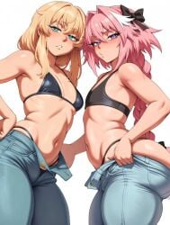 2boys 2femboys ai_generated ass astolfo_(fate) big_ass big_butt black_panties blonde_hair blue_eyes blue_jeans bridget bridget_(guilty_gear) butt fate/grand_order fate_(series) femboy femboy_only guilty_gear guilty_gear_strive hair ironart ironart158 jeans long_hair male male_only panties petite petite_body pink_hair purple_eyes simple_background white_background