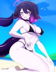 1girl 1girls beach big_breasts bikini black_bikini black_choker breasts bright_pupils choker cleavage colored_skin commentary cross-shaped_pupils english_commentary facial_mark female fins fish_tail grin hair_between_eyes halo highres indie_virtual_youtuber kneeling large_breasts luke_hanley mark_under_both_eyes megalodon_(vtuber) outdoors purple_eyes purple_hair purple_halo purple_lips purple_skin sand shark_girl shark_tail sharp_teeth short_hair smile solo sweat swimsuit symbol-shaped_pupils tail teeth thick thick_thighs thighs tits virtual_youtuber vtuber white_pupils