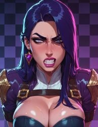 1girl 1girls ai_generated belts blue_eyes caitlyn_(league_of_legends) caitlyn_kiramman checkered_background close-up disgusted earrings large_breasts league_of_legends makeup portrait solo solo_female