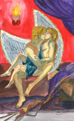 about_to_have_sex bed bedroom blonde_hair bow_and_arrow closed_eyes clothed clothing eros eros_(greek_mythology) fire firelight greek_mythology husband_and_wife kiss kissing making_out married_couple on_bed passionate psyche psyche_(greek_mythology) sideboob torch torch_light white_wings wings