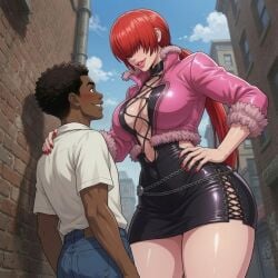 1boy 1girls 1woman ai_generated ai_slop alley big_boobs big_breasts blackroga dark-skinned_male dress hair_covering_eyes interracial kof light-skinned_female milf naughty outdoors painted_nails seductive shermie_(kof) short_dress shorter_male tag_your_ai_trash taller_female the_king_of_fighters voluptuous