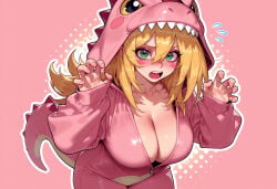 1girl 1girls ai_generated animal_costume balecxi blonde_hair blush blush_stickers breasts claw_pose cleavage clothing cosplay curvaceous curvaceous_female curvaceous_figure curvy curvy_figure dark_magician_girl duel_monster female female_focus flying_sweatdrops gao green_eyes hair_between_eyes hands_up hood hood_up inviting inviting_to_sex kigurumi large_breasts leaning_forward long_hair long_sleeves looking_at_viewer onesie open_mouth pink_background presenting presenting_breasts presenting_hindquarters presenting_self seductive seductive_look seductive_smile simple_background solo tail teeth upper_teeth_only voluptuous voluptuous_female yu-gi-oh! yu-gi-oh!_duel_monsters yugioh zipper zipper_pull_tab