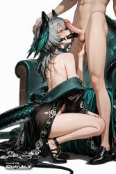 1_girl 1girl adult ai_assisted ai_generated aqua_eyes arknights bare_shoulders collar ear_piercing full_body grey_hair hand_on_penis head_wings jewelry leaning_back long_hair naked nude on_knees penis sexually_suggestive small_penis snake_tail standing strapless_dress transgender view_from_behind white_background