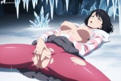 1girl ai_generated black_hair black_skirt breasts clothes_lift digitalwaifugallery female_masturbation fingering green_eyes han_song-yi hi_res high_quality high_resolution hood hoodie ice large_breasts long_sleeves lying masturbation medium_breasts nipples no_bra no_panties on_back open_mouth pantyhose patreon pink_pantyhose pussy seductive sexy shirt_lift short_hair skirt skirt_lift solo solo_leveling spread_legs torn_clothes torn_pantyhose uncensored watermark