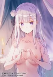 1girl 2026 ai_generated blunt_bangs blush braid breasts candle candlelight closed_mouth cocomiyart collarbone crown_braid curtains elf emilia_(re:zero) flower hair_flower hair_ornament hair_ribbon heart heart_hands highres indoors long_hair looking_at_viewer medium_breasts navel nipples nsfw nude pointy_ears purple_eyes re:zero_kara_hajimeru_isekai_seikatsu ribbon rose smile solo uncensored upper_body white_flower white_hair white_rose x_hair_ornament