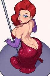ai_generated backless_outfit blue_eyes dress eyeshadow no_panties opera_gloves red_dress red_hair red_lipstick self_upload stripper_pole