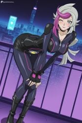 1girl ai_generated belt bent_over bessho_emma black_bodysuit black_choker black_footwear black_gloves blush bodysuit boots breasts choker city city_lights cityscape cleavage collarbone digitalwaifugallery fingerless_gloves gloves grey_eyes grey_hair hands_on_own_knees hi_res high_quality high_resolution large_breasts leaning_forward lipstick long_hair looking_at_viewer makeup multicolored_hair night one_eye_closed patreon pink_hair seductive sexy smile solo standing streaked_hair two-tone_hair uncensored watermark yu-gi-oh! zipper