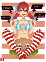 1girls burger burgie choker cleavage crossover female food freckles game_grumps green_eyes hashtag holding holding_food holding_object mascot meme navel open_smile red_hair shirosagui solo striped_bra striped_legwear tied_hair twintails wendy's wendy_thomas