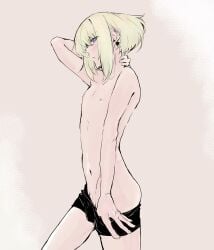 1boy 1femboy androgynous ass aus_vaka blonde_hair blush blushing bob_cut curvy curvy_male embarrassed femboy femboy_only feminine_faced_male feminine_male lio_fotia male monochrome nervous nipples petite petite_body petite_male promare removing_clothing removing_underwear short_hair short_male shy slim slim_male slim_waist small_penis solo thin_waist twink undressing