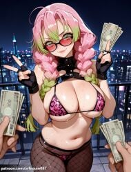 1girl ahoge ai_generated animal_print arlequin097 banknote bare_shoulders bikini black_gloves blush braid breasts brown_pantyhose city_lights cityscape cleavage closed_mouth covered_nipples demon_slayer fingerless_gloves fishnet_pantyhose fishnets gloves gradient_hair green_eyes green_hair holding holding_money kanroji_mitsuri large_breasts leopard_print long_hair looking_at_viewer looking_over_eyewear mitsuri_kanroji mole mole_under_each_eye mole_under_eye money multicolored_hair multiple_moles navel night orange-tinted_eyewear outdoors pantyhose pink_bikini pink_hair prostitution sky smile solo_focus stomach sunglasses sweat swimsuit tinted_eyewear twin_braids two-tone_hair v