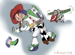 1boy 1girls animate_inanimate anthro astronaut bitting_lip blush blushing bodily_fluids buzz_lightyear canon_couple clothed clothed_sex cowgirl cumming disheveled_hair disney doll dripping_pussy duo erection female female_penetrated grabbing_sheets humanoid jessie_(toy_story) kiss kiss_on_cheek living_doll living_toy looking_pleasured male male/female male_penetrating male_penetrating_female missionary_position penetration pixar pussy romantic romantic_couple sex straight straight_sex toy toy_story vaginal_penetration wolfmarian