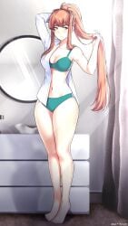 1girls big_breasts bra busty cleavage doki_doki_literature_club dressing getting_dressed large_breasts monika_(doki_doki_literature_club) navel open_clothes open_shirt panties ponytail stormblaze76 underwear