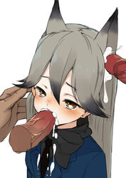 animal_ears black_hair black_necktie blazer blush brown_eyes cum cum_in_ear cum_in_mouth disembodied_limb disembodied_penis earjob erection fellatio female fox_ears gradient_hair grey_hair hair_between_eyes hair_flaps half-closed_eyes highres jacket kemono_friends long_hair multicolored_hair muranisaki necktie oral out_of_frame penis silver_fox_(kemono_friends) simple_background solo two_tone_hair upper_body white_background