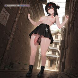 1girl ai_assisted ai_generated anime_coloring black_hair chode detailed_penis dynamic_angle dynamic_pose epic_seven excessive_foreskin facing_viewer firm_breasts flaccid_penis front_view futa futanari highres limp_penis micro_penis nude orange_eyes phimosis small_penis solo solo_futa