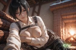 1girl ai_generated anime artist_name attack_on_titan big_breasts black_eyes black_hair blush breasts female hi_res high_quality highres mikasa_ackerman nsfw partially_nude patreon_username rawdiffusion short_hair solo stable_diffusion tits uncensored watermark