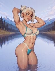 1girl 1girls abs ai_generated armpit athletic_female blue_eyes lake lakeside navel skimpy skimpy_clothes solo solo_female sports_bra sportswear toned_body toned_female vjuice white_hair white_skin