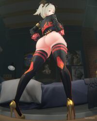1girl artist_name ass bed bedroom blonde_hair boots brick_wall burnice_white eyewear_on_head flame_print from_behind from_below hair_ornament highres indoors kairokayn looking_at_viewer poster_(object) red_eyes solo spiked_jacket standing sunglasses thigh_boots thighhighs twintails zenless_zone_zero