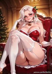1girl 2026 ai_generated anime ass bangs bare_shoulders bell black_cat_(marvel) black_choker blush boobs breasts buttocks chair choker christmas christmas_tree cleavage collarbone covered_nipples crossed_legs crossover cup dress drinking_glass earrings eye_contact feet_out_of_frame felicia_hardy female female_focus flower flushed fur_trim garter_straps gloves green_eyes grin hair_accessory hair_flower hair_ornament handwear highres holding holding_cup huge_breasts indoors inside jewelry large_breasts long_hair looking_at_viewer marvel marvel_comics marvel_rivals neck_bell nsfw panties pantyshot parted_bangs parted_lips patreon patreon_username red_dress red_panties rognezart short_dress sitting smile smiling solo strapless strapless_dress thick_thighs thighhighs thighs toeless_legwear underwear very_long_hair white_gloves white_hair white_thighhighs