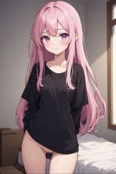 1girls ai_generated no_panties no_pants pink_eyes pink_hair skinny