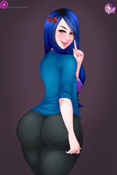 1girls artist_name ass blue_eyes blue_hair bra breasts brown_eyes celebrity covered_breasts dat_ass female female_only hair_bow hair_ornament hips hirezkelly human kelly_link law-zilla legs long_hair pants patreon purple_bra sideboob smite solo standing tagme thick_ass thighs tight tight_pants twitch.tv watermark web_address