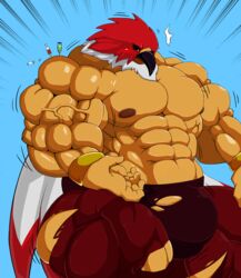 1boy avian bird bracelets breasts bulge bulging clothed clothing fatal_fury feathers garou:_mark_of_the_wolves giffon_mask growth hyper_muscles king_of_fighters male male_only mask metaball motion_lines muscles muscular muscular_male needles nipples pants pecs simple_background snk solo syringes tizoc torn_clothes torn_clothing veins veiny wings wrestler