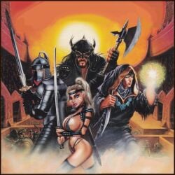 3boys armor big_breasts bikini_armor blonde blonde_female blonde_hair breasts female green_eyes katana sword the_elder_scrolls the_elder_scrolls_arena tied_hair