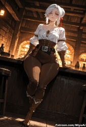 1girl ai_assisted ai_generated artist_name belt boots braid breasts brown_footwear brown_pants ciri closed_mouth collarbone curvaceous curvy curvy_female curvy_figure female full_body gloves green_eyes indoors knee_boots leather_boots looking_at_viewer medium_breasts miyuai pants short_hair sitting smile solo the_witcher_(series) the_witcher_3:_wild_hunt thick thick_ass thick_butt thick_hips thick_legs thick_thighs voluptuous voluptuous_female wide_hips wide_thighs