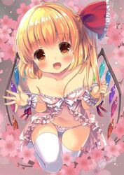 asymmetrical_hair babydoll bangs blonde_hair blush cute_fang eyebrows_visible_through_hair female flandre_scarlet flower full_body hair_ornament hair_ribbon irori lingerie looking_at_viewer navel open_mouth panties pink_panties ponytail red_eyes red_ribbon ribbon side_ponytail smile solo thighhighs tied_hair touhou underwear underwear_only white_legwear wings wrist_cuffs