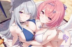 2girls beach big_breasts bikini blue_bikini blue_swimsuit breast_squeeze breasts cleavage colored_nails female female_only highres hoyoverse large_breasts long_hair long_nails mature_female mihoyo multiple_girls painted_nails pink_hair purple_eyes remielle_(zenless_zone_zero) remielle_dan solo solo_female swimsuit velina_(zenless_zone_zero) velina_airgid white_bikini white_swimsuit white_wings wings zenless_zone_zero