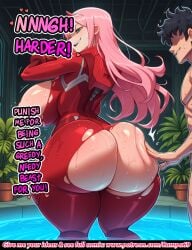 1boy 1girl ai_generated blush comic darling_in_the_franxx english_text full_color grabbing_ass green_eyes groping highres horns huge_ass huge_breasts huge_butt indoor long_hair looking_back masterpiece over_shoulder_look pink_hair plugsuit pool potted_plant rampa69 red_plugsuit shiny_skin smiling speech_bubble standing sweat thick_thighs tight_clothing torn_clothes water wet wet_clothes wide_hips zero_two_(darling_in_the_franxx)