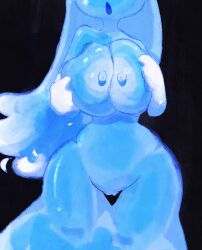 1girls 2026 :o areola blue_body blue_hair boob_squish boobs_focus deltarune miss_mizzle_(deltarune) nipples simple_background solo thighs undertale_(series) water