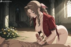 1boy 1girl aerith_gainsborough ai_generated bent_over blush bottomless bracelet braid breasts brown_hair clothed_female_nude_male cropped_jacket digitalwaifugallery drill_hair erection final_fantasy_vii flower green_eyes handjob hetero hi_res high_quality high_resolution indoors jacket jewelry large_breasts leaning_forward long_hair lying naked_jacket necklace nipples nude on_back open_clothes open_jacket open_mouth patreon patreon_username penis pink_bow red_jacket seductive sexy short_sleeves uncensored watermark
