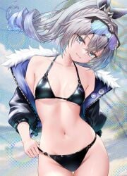 1girl absurdres almost_naked alternate_costume ass ass_visible_through_thighs belly belly_button bikini black_bikini black_bra black_jacket black_panties blush bra breasts cameltoe collarbone drill_hair eyewear_on_head female female_focus female_only glasses gradient-tinted_eyewear grey_eyes grey_hair hair_ornament halftone halftone_background head_tilt highres hips hips_wider_than_shoulders honkai:_star_rail honkai_(series) jacket long_hair looking_at_viewer medium_breasts nanaki24 navel panties petite petite_body petite_female ponytail ribbon silver_eyes silver_hair silver_wolf_(honkai:_star_rail) silver_wolf_(lv.999)_(honkai:_star_rail) small_breasts smile solo stomach swimsuit thick_thighs thighs tinted_eyewear