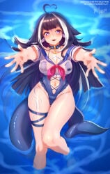 1girl 1girls absurdres ahoge bare_hips belt_collar big_breasts bikini blue_bikini blue_collar blue_hair blue_one-piece_swimsuit blue_sailor_collar body_markings breasts cetacean_tail cleavage collar facial_mark female fins fish_tail heart heart_ahoge highres indie_virtual_youtuber large_breasts long_hair looking_at_viewer multicolored_hair navel one-piece_swimsuit orca_girl purple_eyes reaching reaching_towards_viewer sailor_collar see-through_clothes see-through_shirt shirt shylily shylily_(1st_costume) smile solo swimsuit tail thick_thighs thighs tits tongue tongue_out vilde_loh_hocen virtual_youtuber vtuber water white_hair white_shirt wide_hips