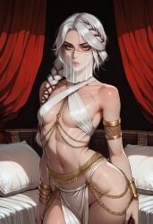 1girls ai_generated arabian_clothes braid breasts cd_projekt_red ciri falewii female freckles freckles_on_face green_eyes light-skinned_female light_skin looking_at_viewer mascara no_panties scar solo solo_female the_witcher_(series) the_witcher_4 veil white_hair
