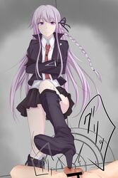 1boy ballbusting black_boots bondage bootjob boots censor_bar censored cock_and_ball_torture crotch_kick crotch_stomp danganronpa danganronpa_1 domination female femdom groin_kick hair_ornaments hair_ribbon high_heel_boots kirigiri_kyouko long_hair looking_down necktie piro_(iiiiiiiiii) purple_hair ribbon shoes simple_background skirt solo_focus standing standing_footjob stepped_on straight_hair torture violet_eyes