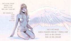 angel_wings blonde_hair censored_nipples completely_nude english_text fear_and_hunger fear_and_hunger:_termina female female_only hair_down karin_(fear_and_hunger) long_hair medium_breasts nonsexual_nudity nude pale-skinned_female pale_skin pubic_hair single_wing sitting solo tvar_ne_spit