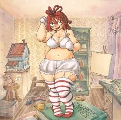 1girls belly black_eyes bloomers blush book bookshelf bra breasts canvas_(object) cleavage clothing curtains curvy fat female full_body garter_straps gloves indoors lamp large_breasts looking_at_viewer mittens navel open_mouth paintbrush painting_(object) plump raggedy_ann raggedy_ann_(character) red_hair smile solo standing stitches stool striped_clothes striped_thighhighs stuffed_animal stuffed_toy table teddy_bear thick_thighs thighhighs underwear underwear_only white_bloomers white_bra white_gloves wide_hips